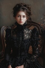 gothic woman dressed in black lace gown, standing in dimly lit room, mysterious