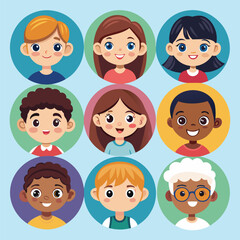Character set of Avatars collection of children. Cute faces of different nationalities boys and girls. Vector illustration