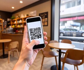 Close-up of a hand using a phone to scan a QR code in a coffee shop.