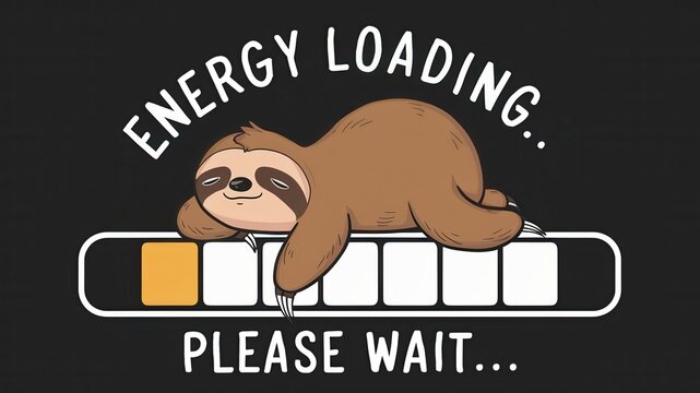 A cute sloth sleeping on a progress bar that reads "Energy Loading... Please Wait."