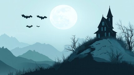 Fototapeta premium A spooky haunted house sits atop a hill, silhouetted against a full moon, with bats soaring through a dark, eerie night sky