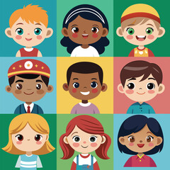Character set of Avatars collection of children. Cute faces of different nationalities boys and girls. Vector illustration