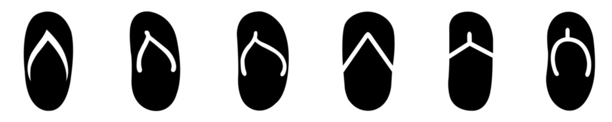 Soft black Flip flop, comfortable shoes silhouette,Set of black and silver hooks,Black Slipper Shoes Template On white background,