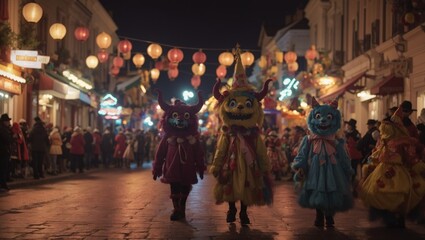 Whimsical costumed characters parading through festive Halloween night street scene