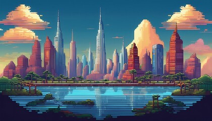 Fototapeta premium pixel art of city containing skyscrapers and a river that adds to the beauty of the city