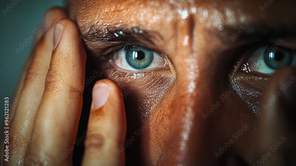 Canvas Prints a man with a wet face holding his eyes closed, ai