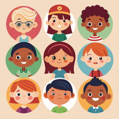 Character set of Avatars collection of children. Cute faces of different nationalities boys and girls. Vector illustration