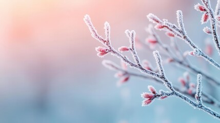 Frost covering the branches of a tree in the early morning, cold weather, winter beauty