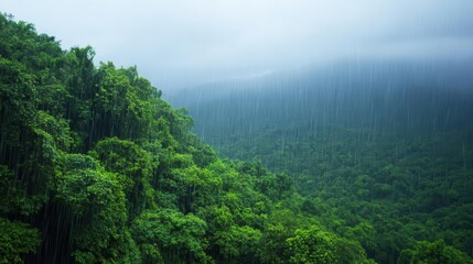 Fototapeta premium Gentle rain falling on a lush green forest, peaceful weather, nature's tranquility