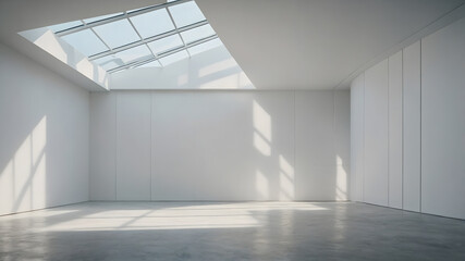 Bright, minimalistic interior of an empty room with a skylight flooding natural light in an urban setting
