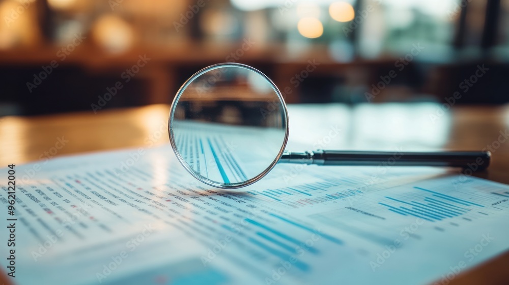 Poster magnifying glass on financial report with data analysis and charts, representing close examination a