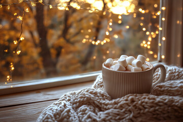 A cup of hot cocoa with marshmallows wrapped in soft knitted scarf near the window with autumn landscape. Light garland, warm and cozy autumn atmosphere, hello, autumn theme