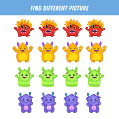 Fototapeta premium Find different monster each row. Logical game for kids. Cartoon character. Doodle. Vector illustration
