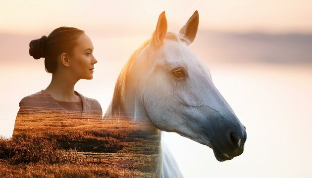 Woman with white horse close up, focus on, copy space Bright and soft shades Double exposure silhouette with countryside