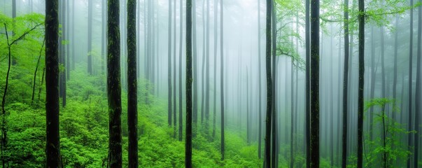 Fototapeta premium Morning mist rolling through a dense forest, foggy weather, mysterious ambiance