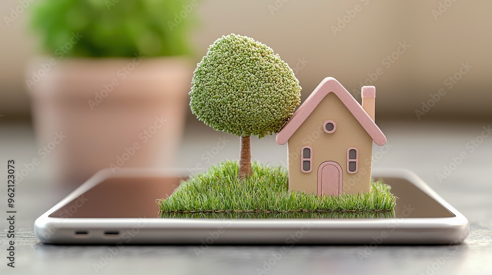 Poster a creative representation of a house and tree on a smartphone, symbolizing technology and nature int