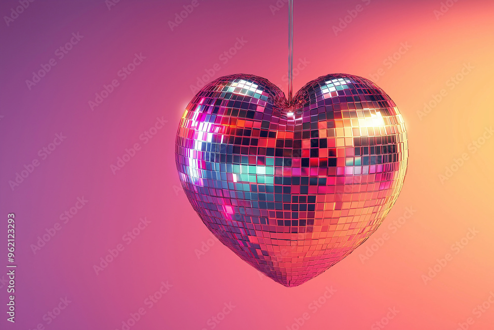 Poster heart shaped disco ball. valentine's day, love symbol and romantic exclusive relationships concept. 