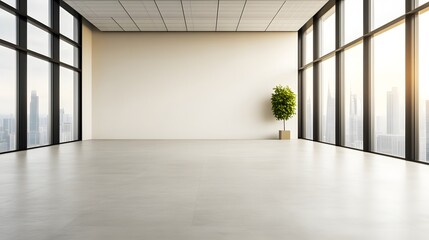 Obraz premium Modern empty office space with large windows, city view, and a single green plant. Minimalist interior design with natural light.