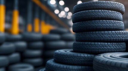 Stack of new tires in a warehouse focusing on rubber texture, representing automotive industry, transportation, and storing equipment.