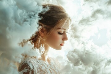 Naklejka premium Woman in White Lace Dress Surrounded by White Clouds