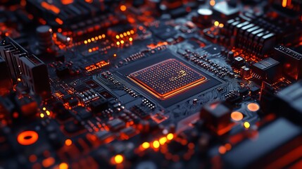 An extreme close-up of a circuit board within a computer motherboard. An augmented reality overlay displays the chip's internal structure, providing insight into its electronic components