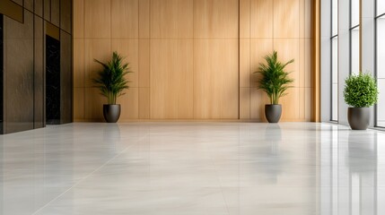Fototapeta premium Modern empty interior space with wooden wall paneling, large glass windows, and minimalist potted plants for corporate or commercial use.