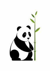 A Panda line art sits leaning against a bamboo tree vector illustration