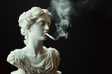 Obraz premium Classic Greek statue smoking. Modern minimal art concept. Smoking addiction. Relaxed Greek goddess statue smoking a cigarette. Marijuana, legalization of cannabis