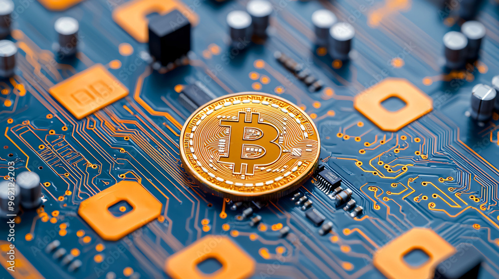 Poster a bitcoin coin rests on circuit board, symbolizing intersection of cryptocurrency and technology. in
