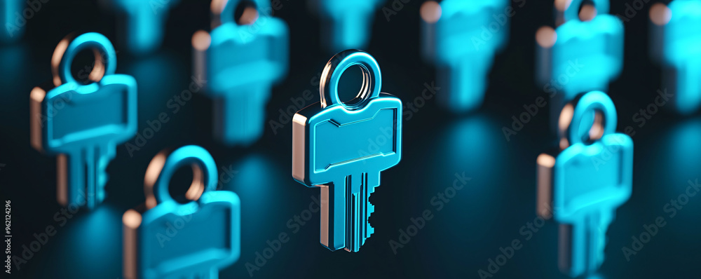 Poster digital keys unlocking fintech systems create futuristic atmosphere. vibrant blue keys symbolize sec