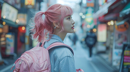 Japanese Woman Wearing Pink Backpack With Pink