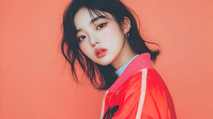 A 20s Korean woman in a trendy jacket, posing for an Instagram profile picture, making eye contact with the camera