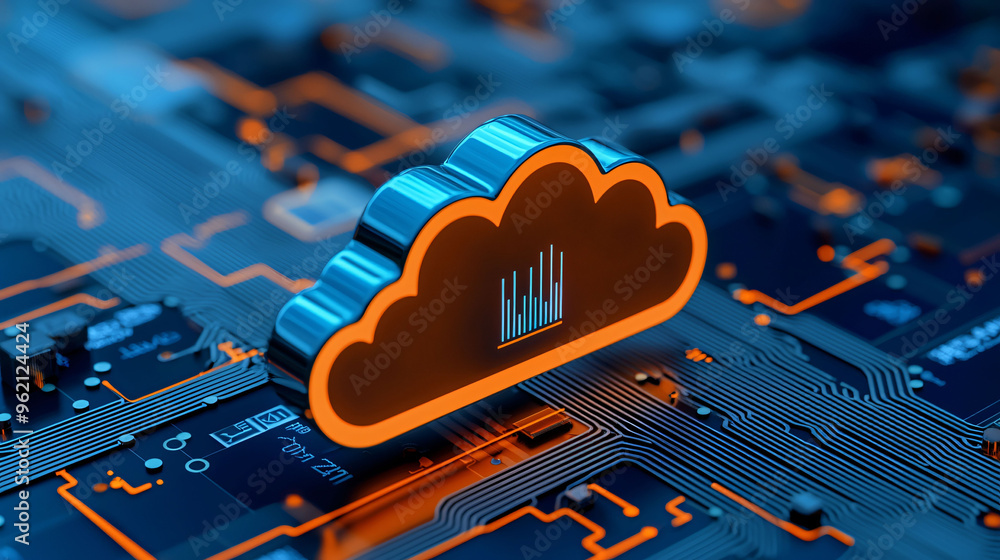 Poster cloud computing symbol with data visualization on circuit board background, representing fintech enc