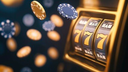 3D rendering of a golden slot machine with a 7 symbol and casino chips flying around on a dark background. online gambling, real money hover element.