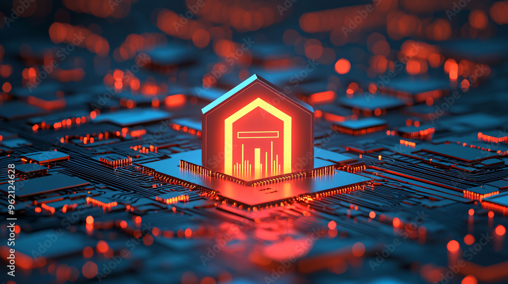 Poster a digital representation of cyber fortress protecting fintech applications, featuring glowing house 