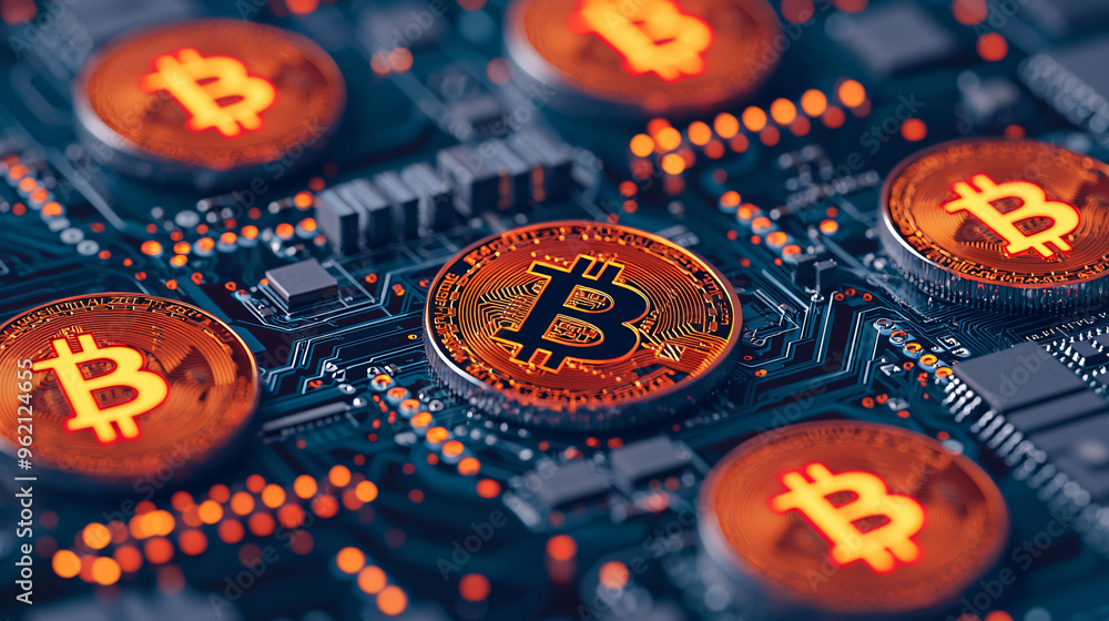 Poster digital cryptocurrency coins on circuit board, showcasing bitcoin symbols and intricate electronic c