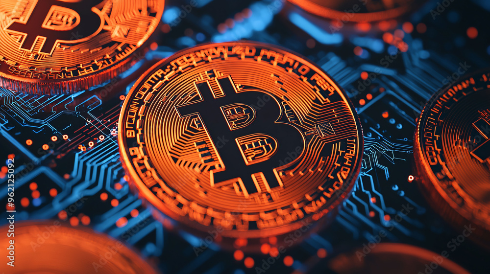 Poster digital grid protecting floating cryptocurrency coins, showcasing bitcoins vibrant design and intric