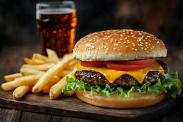 Hamburger with lettuce, accompanied by french fries, with a glass of cola.