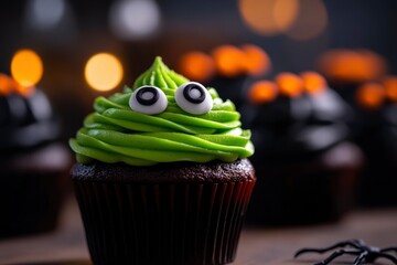 A photo of a cupcake with green frosting and two eyes on top, sitting in front of several cupcakes with black frosted tops, all decorated to look like monsters for Halloween.