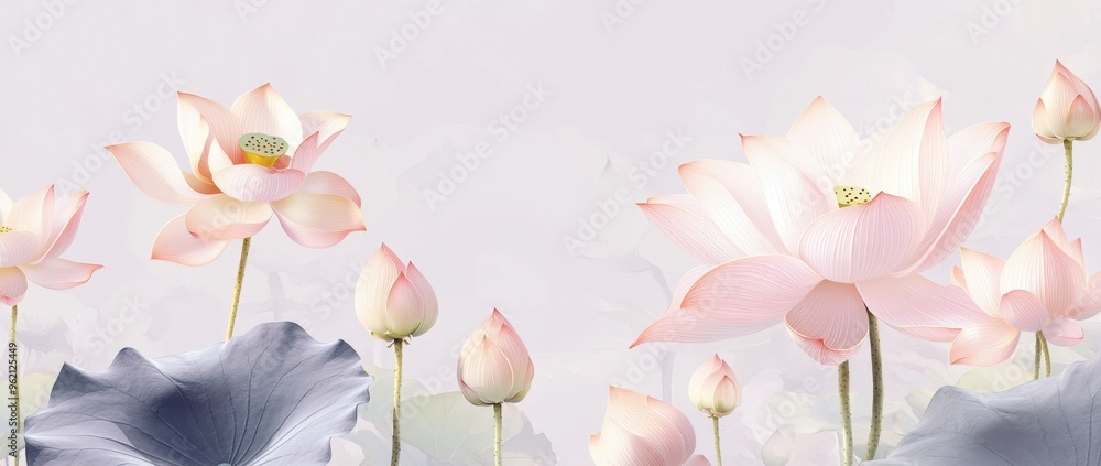 Poster light pink and gold lotus background linear pattern with delicate lines light purple color scheme, w