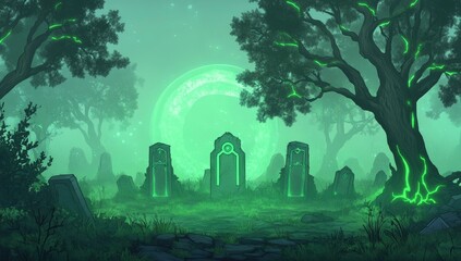 Fototapeta premium A spooky graveyard with tombstones and foggy trees, perfect for an eerie setting.