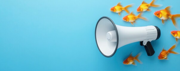 A white megaphone floating in the water, surrounded by orange goldfish swimming around it. online or marketing campaign in new customers for a customer electronics sales. advertising concept.