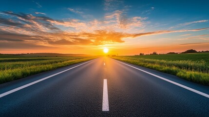 Naklejka premium Empty asphalt highway road leading to beautiful sunset with cloudy sky and greenery 
