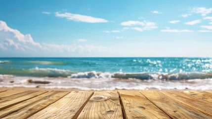 Fototapeta premium Wooden table with ocean in background for displaying products, depicting summer beach theme.