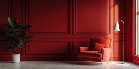 A beautifully designed red room featuring an armchair and a potted plant near a large window with natural light.