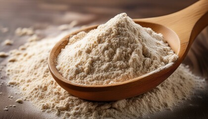 A wooden spoon filled with whole wheat flour