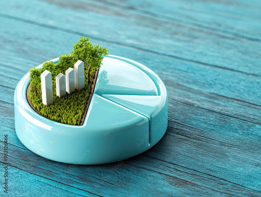 Poster a creative representation of growth with a pie chart design, featuring green elements symbolizing su
