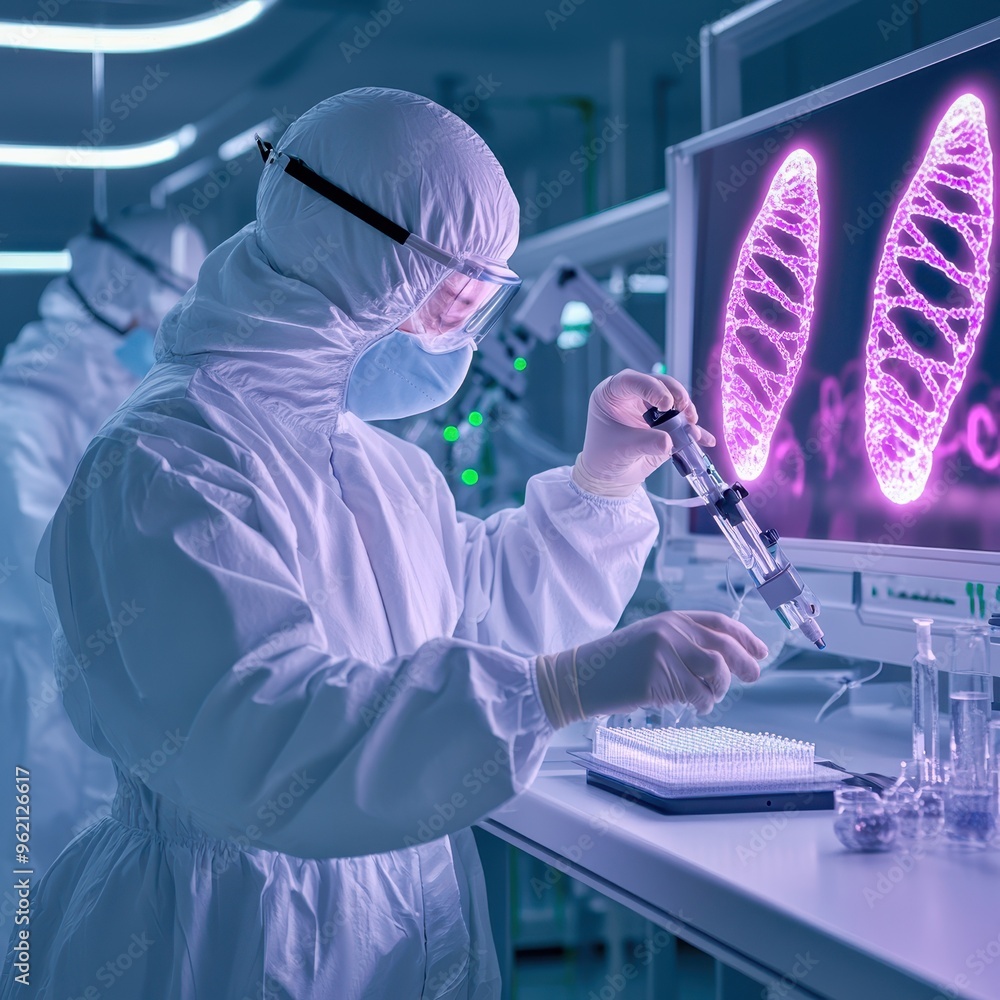 Poster a scientist in protective gear conducts research on dna in a modern laboratory setting with advanced