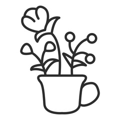 Cup of tea with flowers.Porcelain flower cup.A bouquet of flowers in a cup.Outline vector illustration.Isolated on white background.