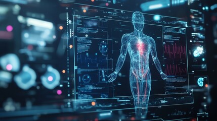 A digital interface showing the real-time effects of a medical breakthrough, with holographic health data.